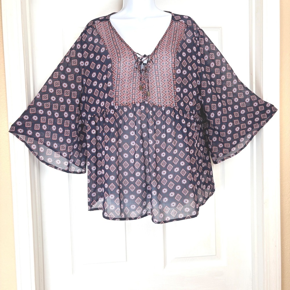 Vintage America Blues Blouse XL Navy Blue Excellent Boho Lace Up Bell Sleeve